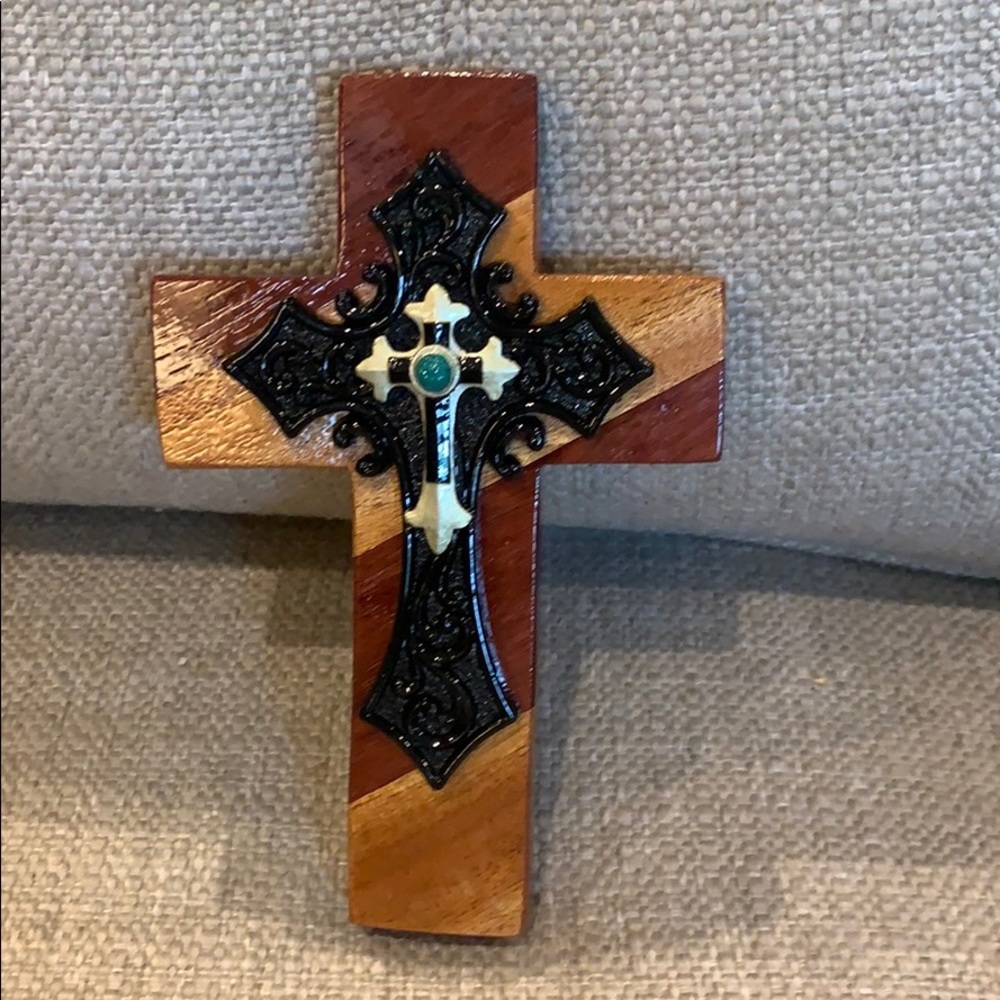 7” Handmade Wood Cross Black & Turquoise Accents